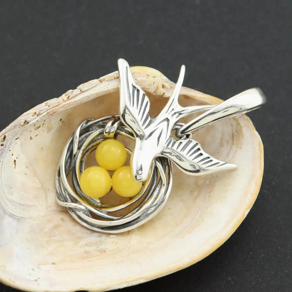 Very unique yellow amber pendant with all three parts moving, sterling silver - Picture 9 of 11